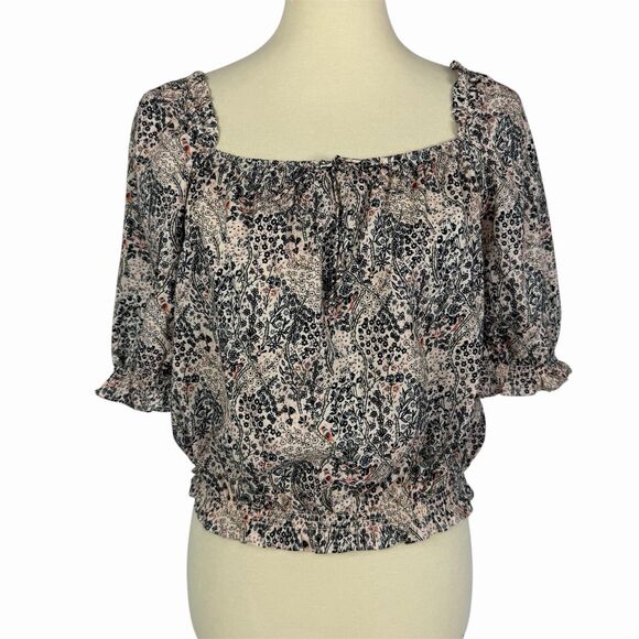 Paige Elise Floral Puffed Sleeve Crop Top In Ecru Multi Short Sleeve Medium - Picture 3 of 11
